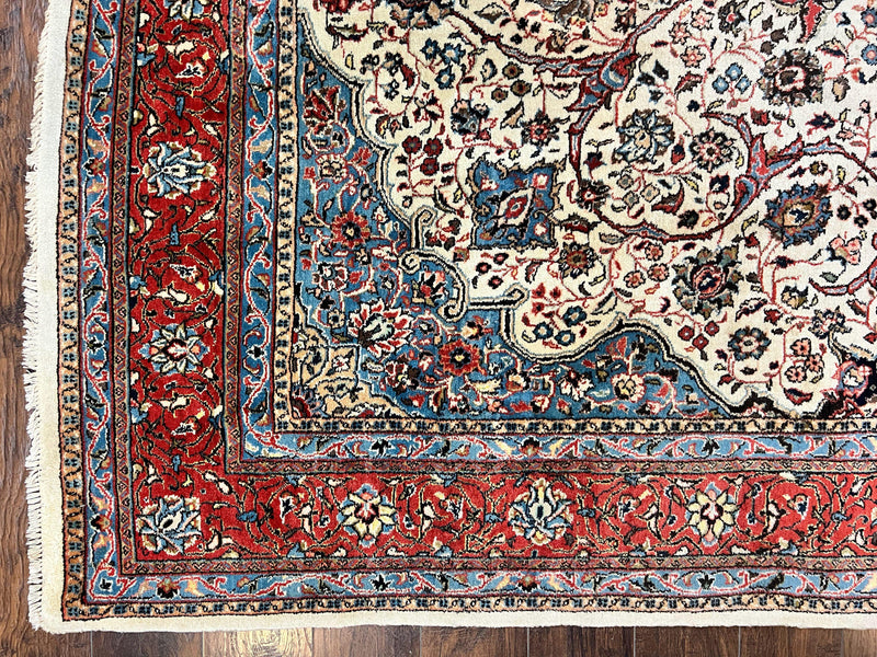 Persian Sarouk Rug 8x12, Wool Hand Knotted Antique Carpet, Floral Medallion, Cream Red, Traditional Oriental Rug by Jewel Rugs