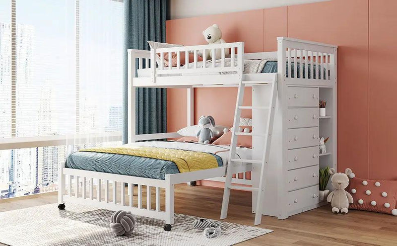 Bunk Bed With 6 Drawers And Flexible Shelves, Bottom Bed With Wheels