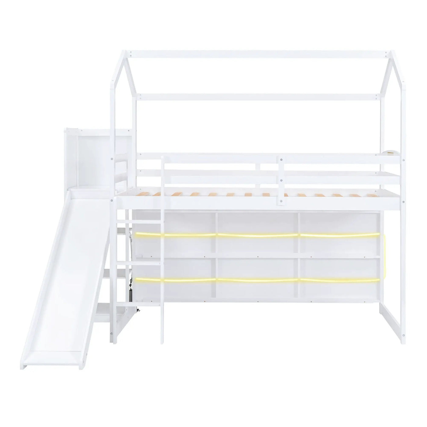 House Loft Bed With Slide, Storage Shelves And Light, Climbing Ramp by HouseOfZazla