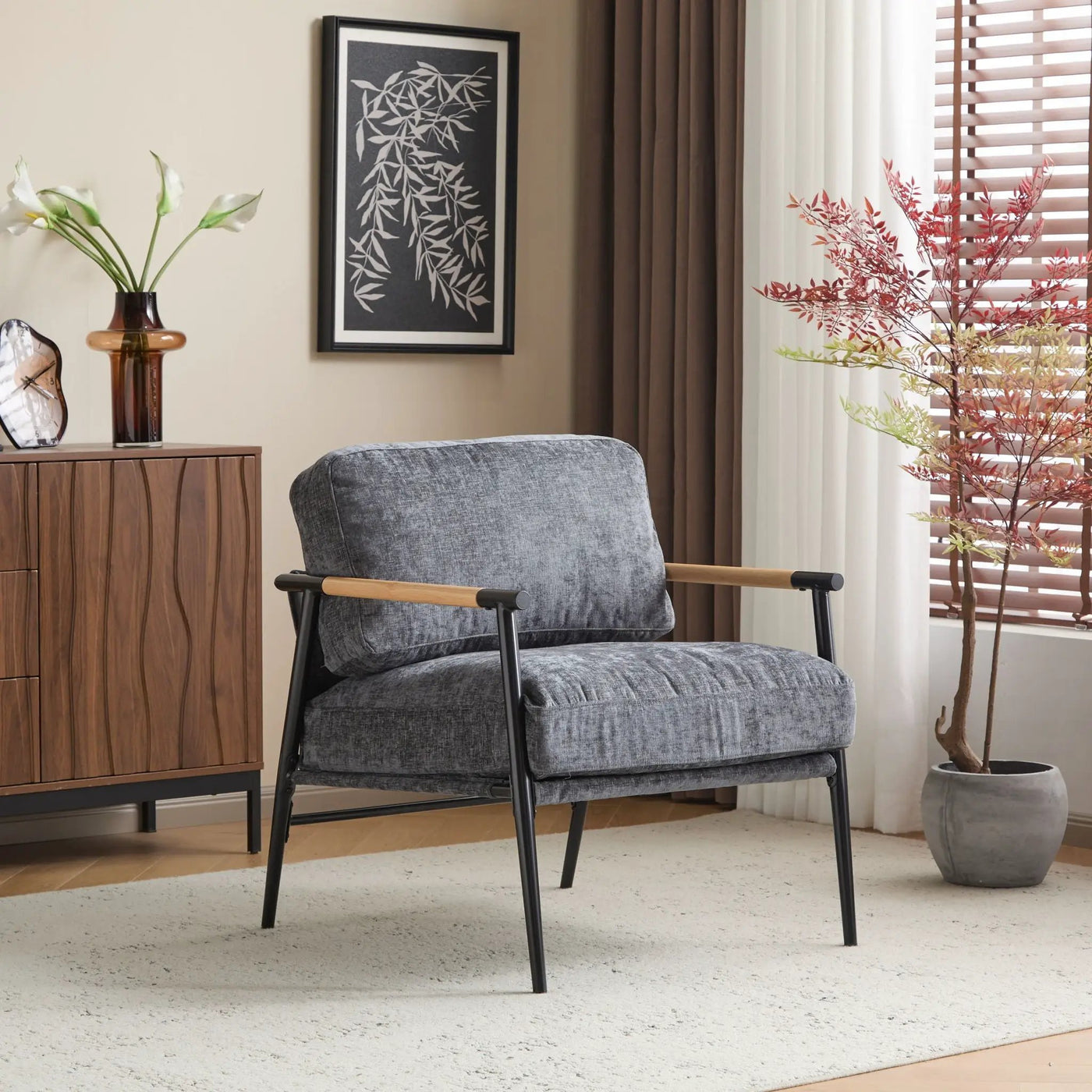 Modern Accent Chair With Plush Cushions and Wooden Armrests by HouseOfZazla