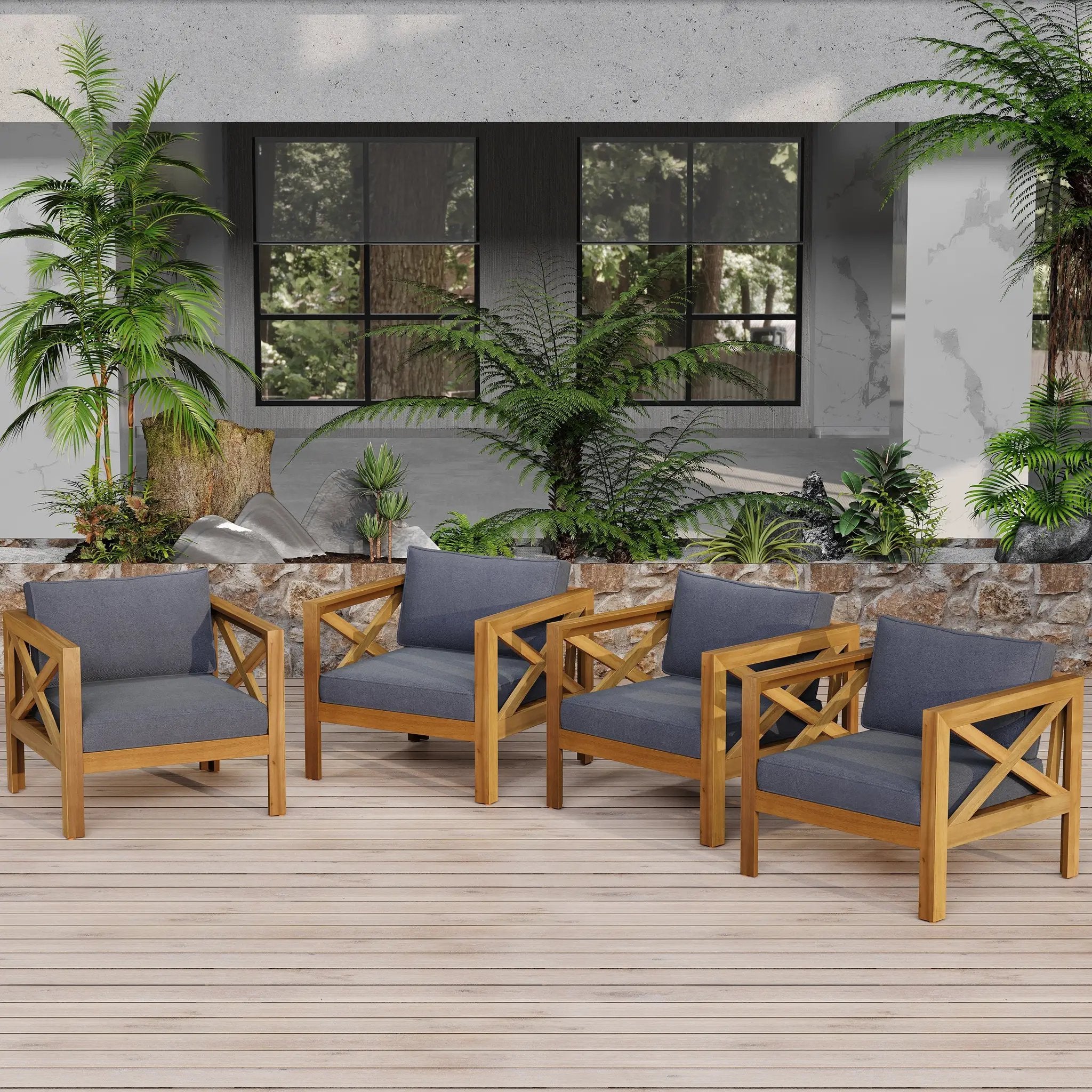 Outdoor Acacia Wood Club Wooden Armchair with Cushions (Set of 4) by HouseOfZazla