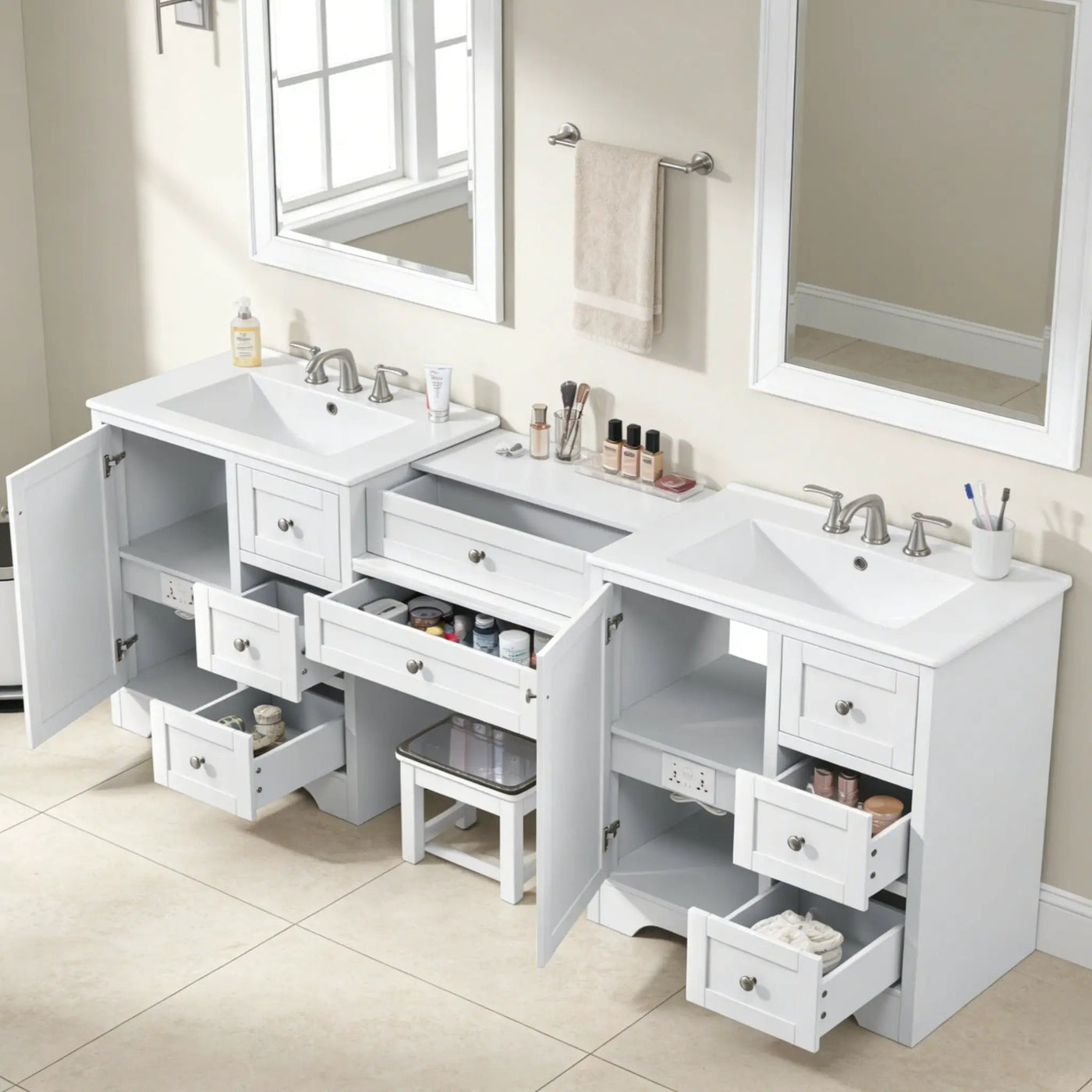 Double Sink Bathroom Vanity With Countertop, 2 Ceramic Sinks, 6 Drawers by HouseOfZazla