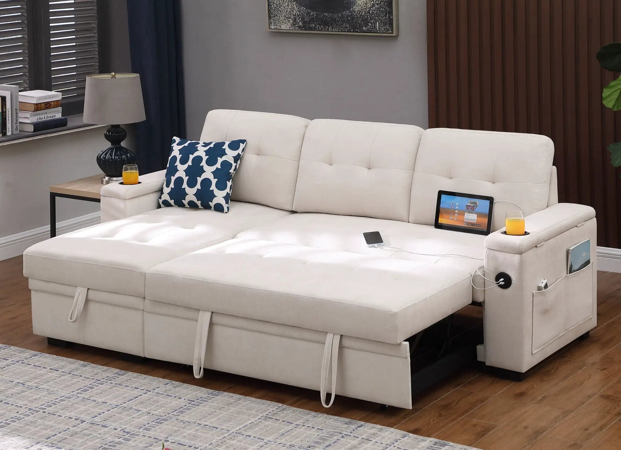 Ashlyn II - 84"W Woven Fabric Reversible Sleeper Sectional Sofa with Storage Chaise by HouseOfZazla