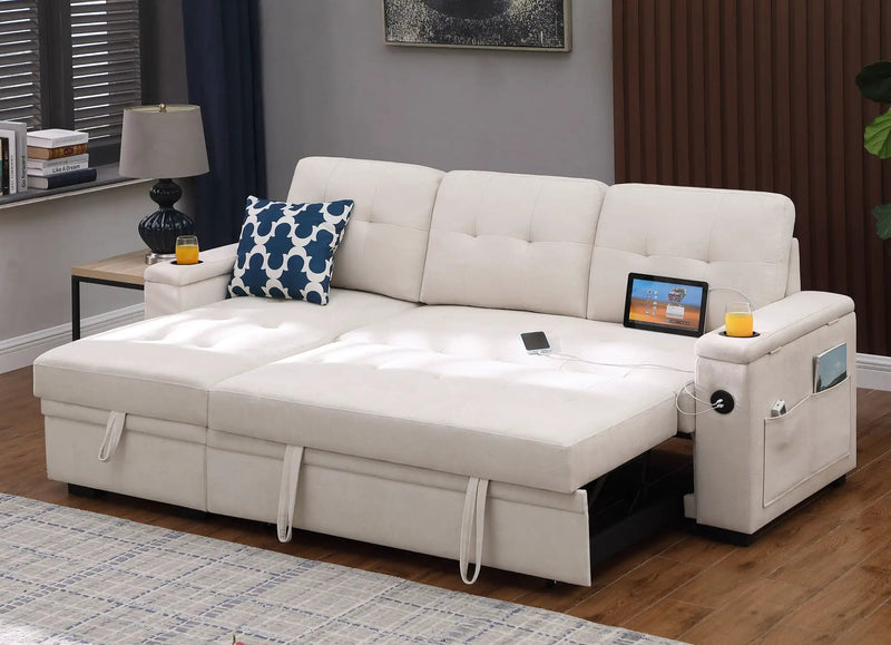 Ashlyn II - 84"W Woven Fabric Reversible Sleeper Sectional Sofa with Storage Chaise by HouseOfZazla