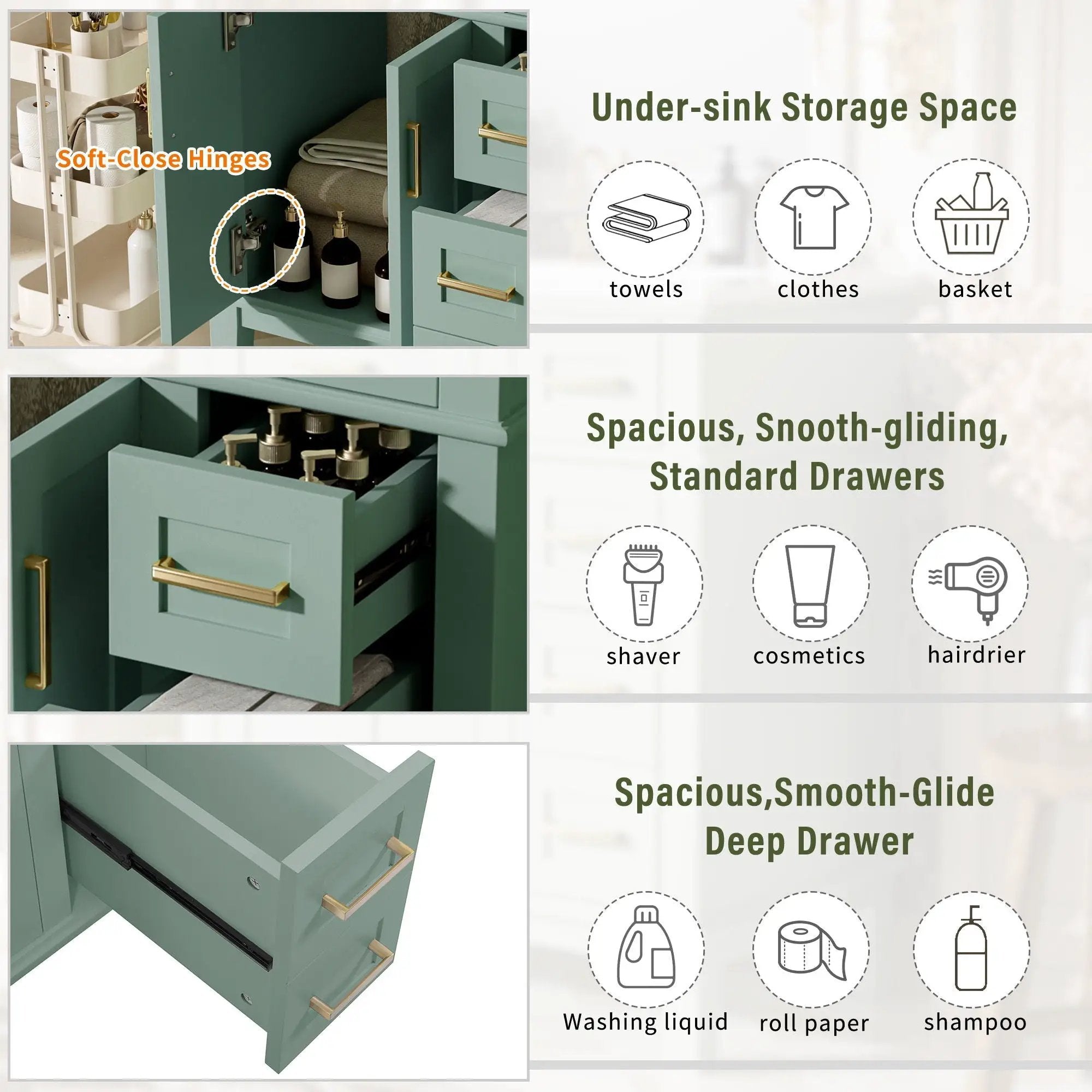 Modern Bathroom Vanity With Sink, Storage Cabinet, Soft Close Doors, Deep & Standard Drawers by Unique Piece Furniture