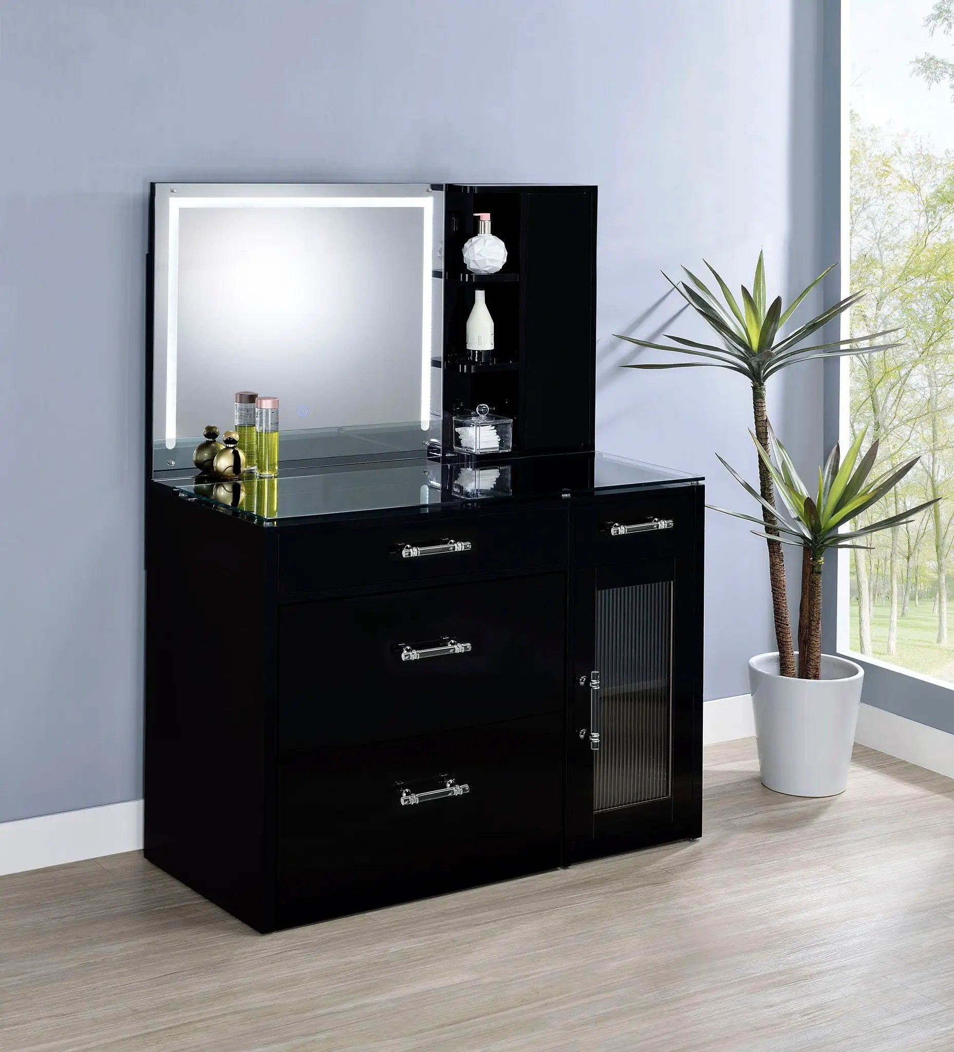 Flora 2-drawer Vanity Set with LED Mirror Black High Gloss by Unique Piece Furniture
