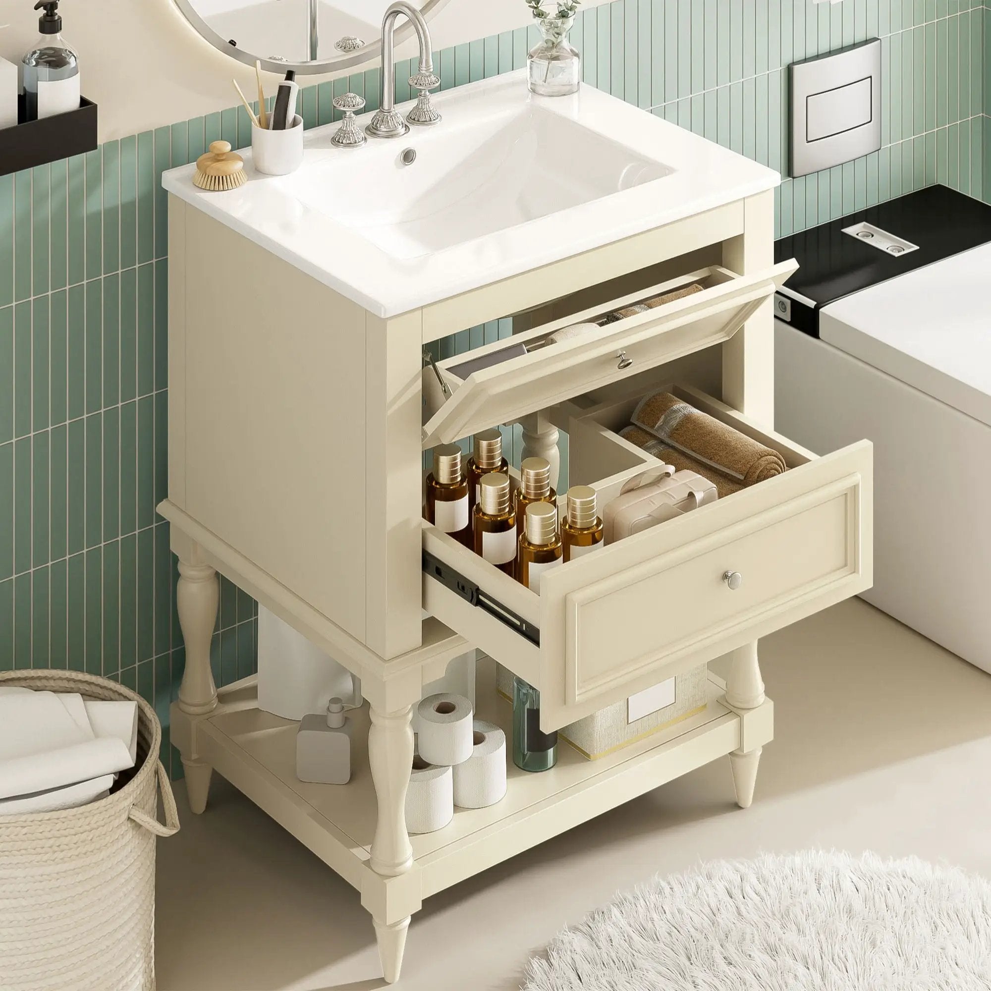 Bathroom Vanity With Sink, 2 Drawers Storage Cabinet, Open Shelf by Unique Piece Furniture