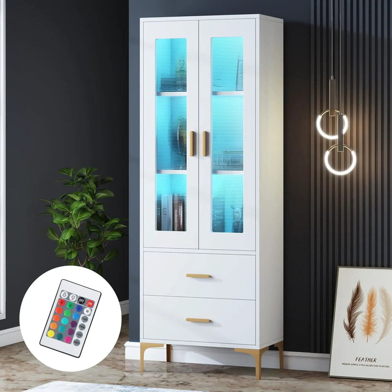 Bookcase With Doors, Drawers & RGB LED Light Tall Storage Cabinet For Living Room - White by HouseOfZazla