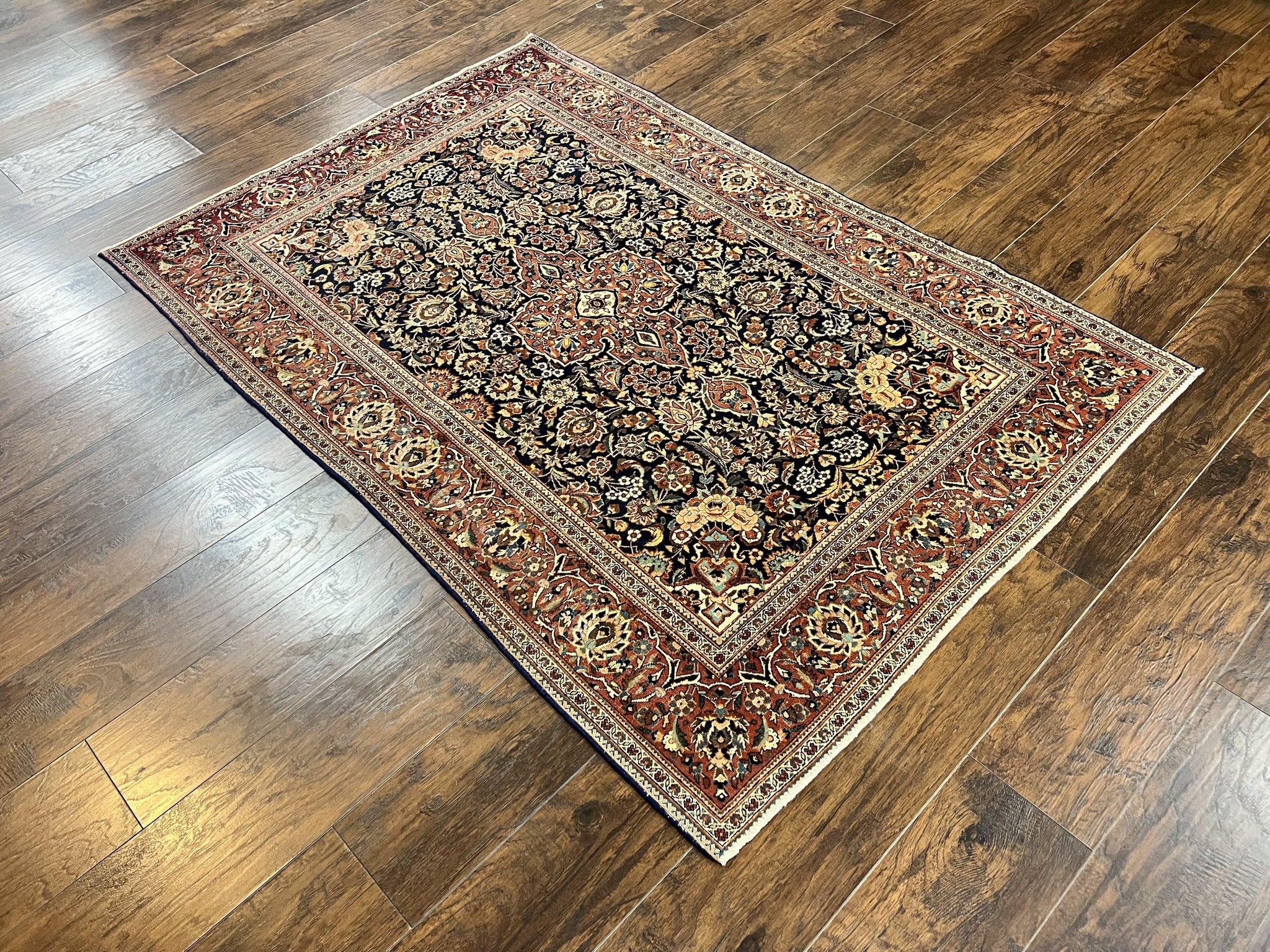 Persian Kashan Rug 4x7, Floral Medallion Vintage Handmade Hand Knotted Navy Blue & Red Wool Oriental Carpet, Highly Detailed Semi Antique Rug by Jewel Rugs