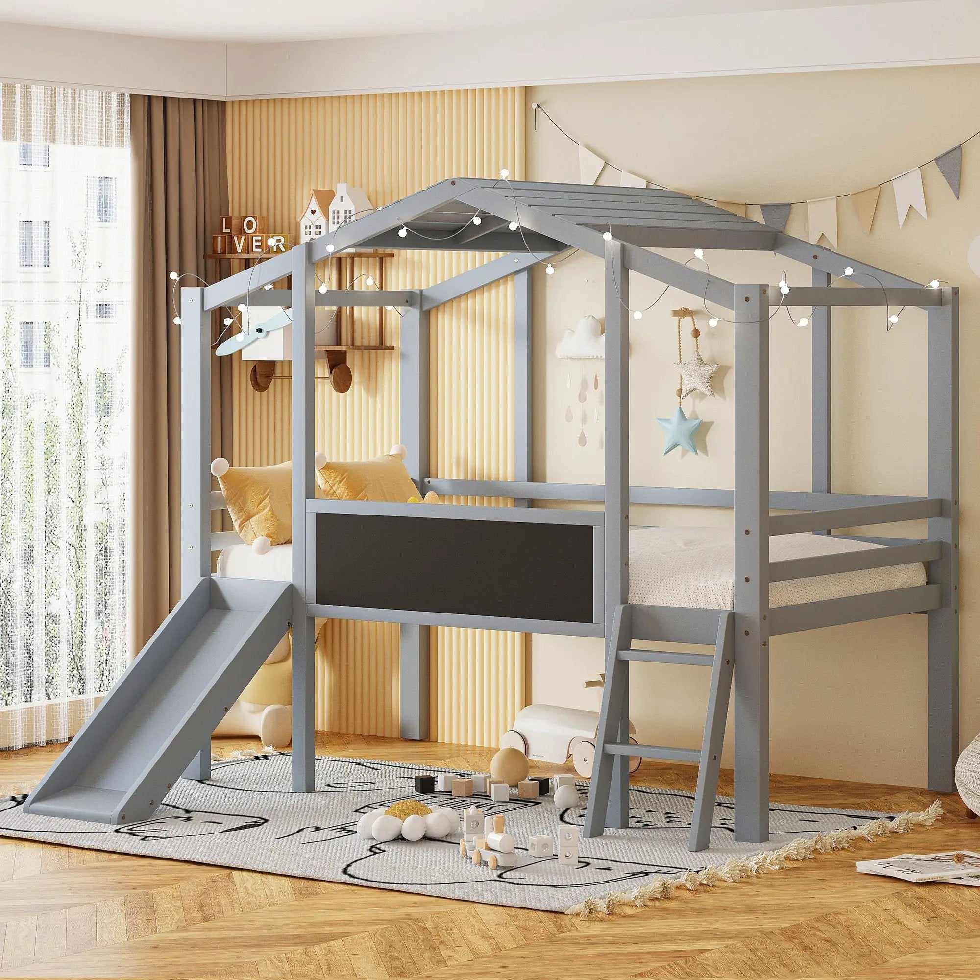 Loft House Bed With Ladder And Slide, With board And Light Strip On The Roof by HouseOfZazla