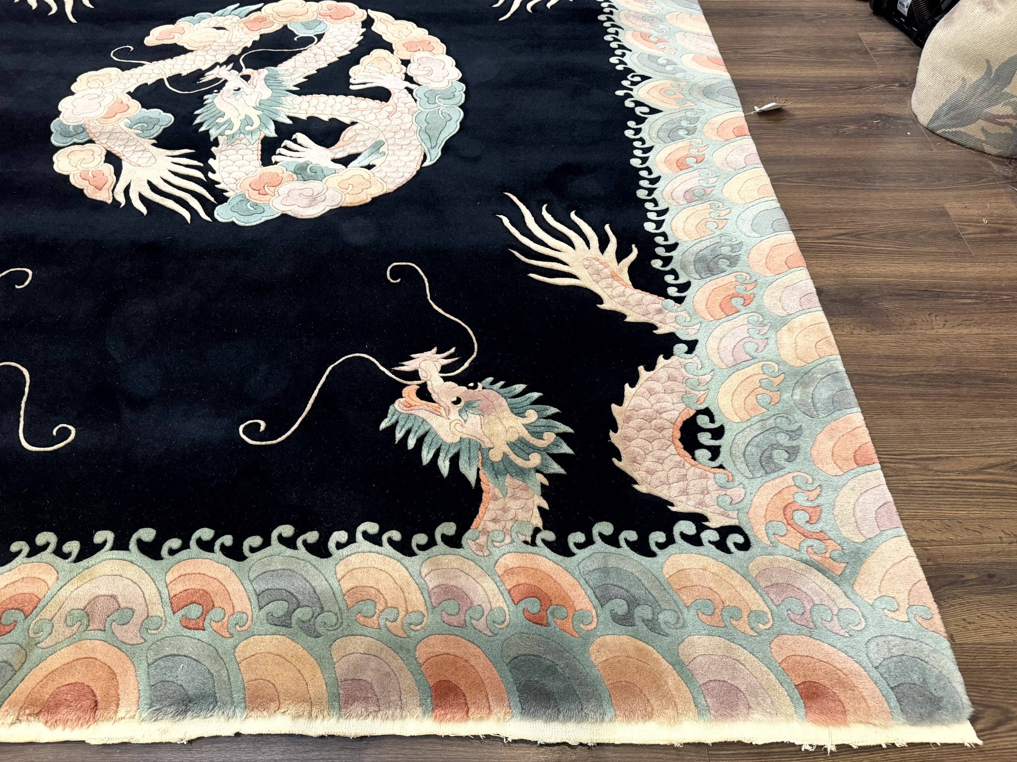 Black Chinese Wool Rug 8x10 with Dragons, Rainbow Borders, Rare by Jewel Rugs