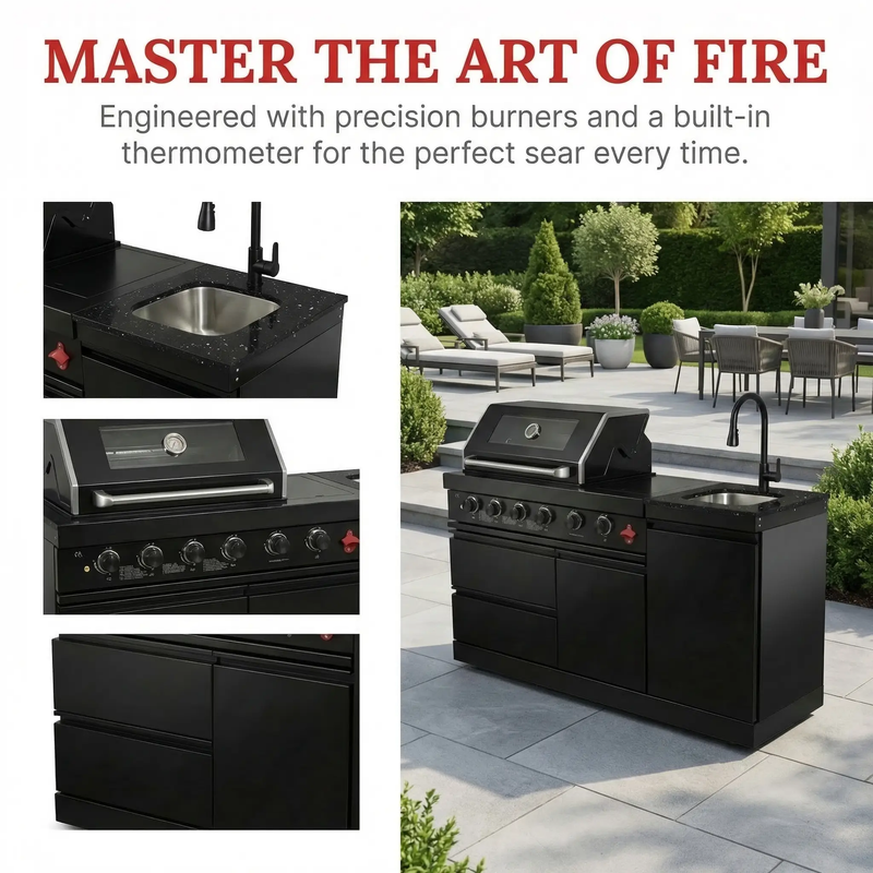 65" 4-Burner 72,000 BTU Black Outdoor Kitchen Island Grill + Round Side Burner by Chery Industrial