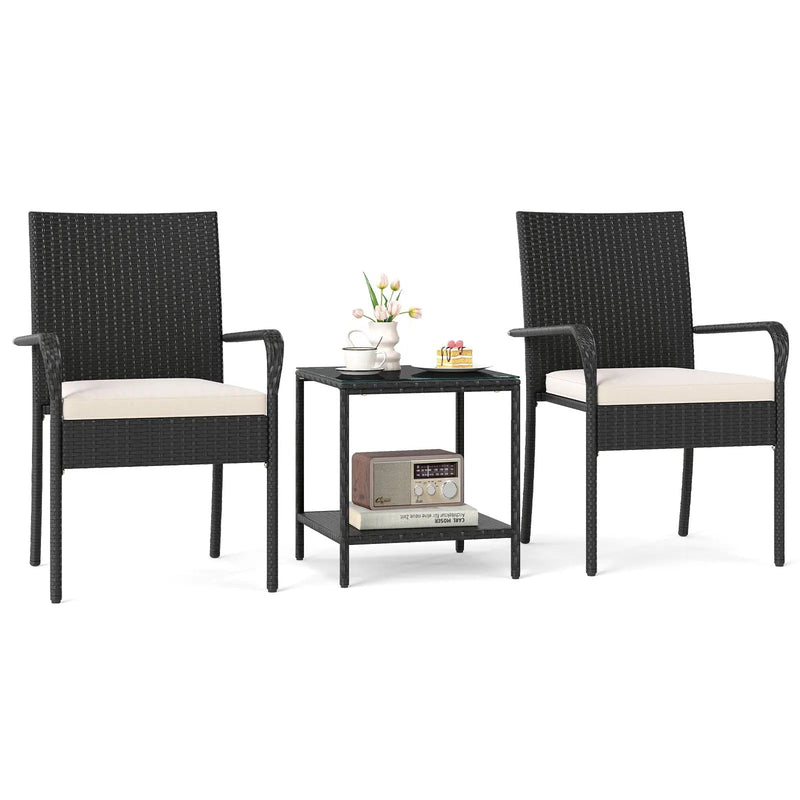 3 Piece Patio Furniture Set with Seat Cushions and Tempered Glass Tabletop by DirectDeals