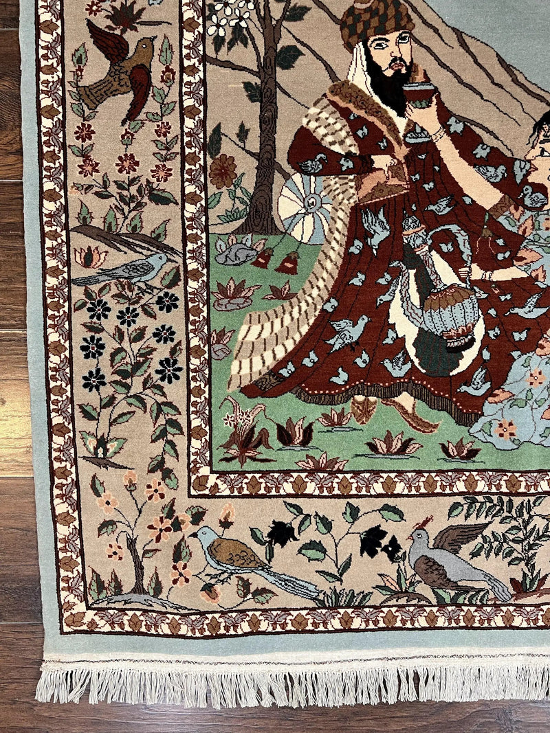 Indo Persian Pictorial Rug 4x7, Handmade Hand Knotted Wool Semi Antique Horizontal Carpet, Men & Women Drinking, Fine Rug, Bird Pictorials by Jewel Rugs