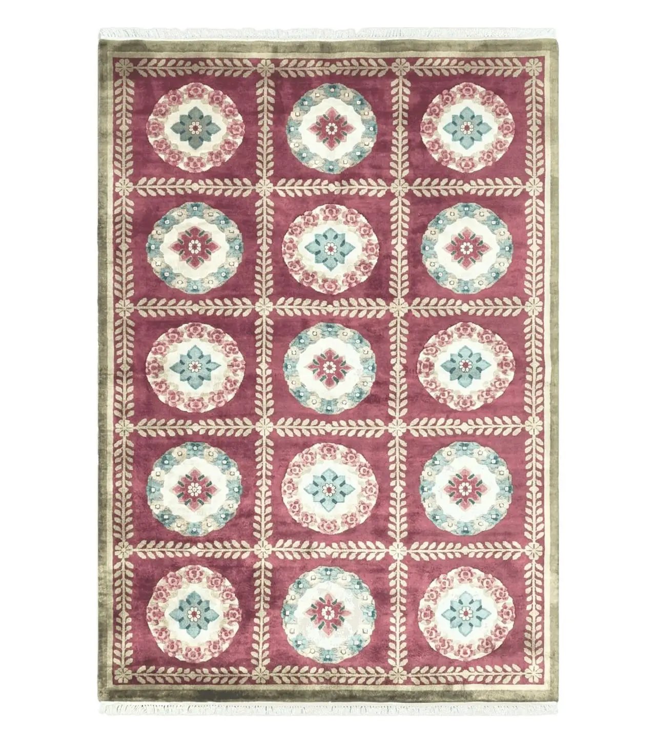 Nepalese Aubusson Panel Rug 6x9, Red & Ivory Soft Plush Tibetan Pile Rug, Wool Hand-Knotted Carpet, 6 x 9 Elegant Area Rug, Office Room Rug by Jewel Rugs