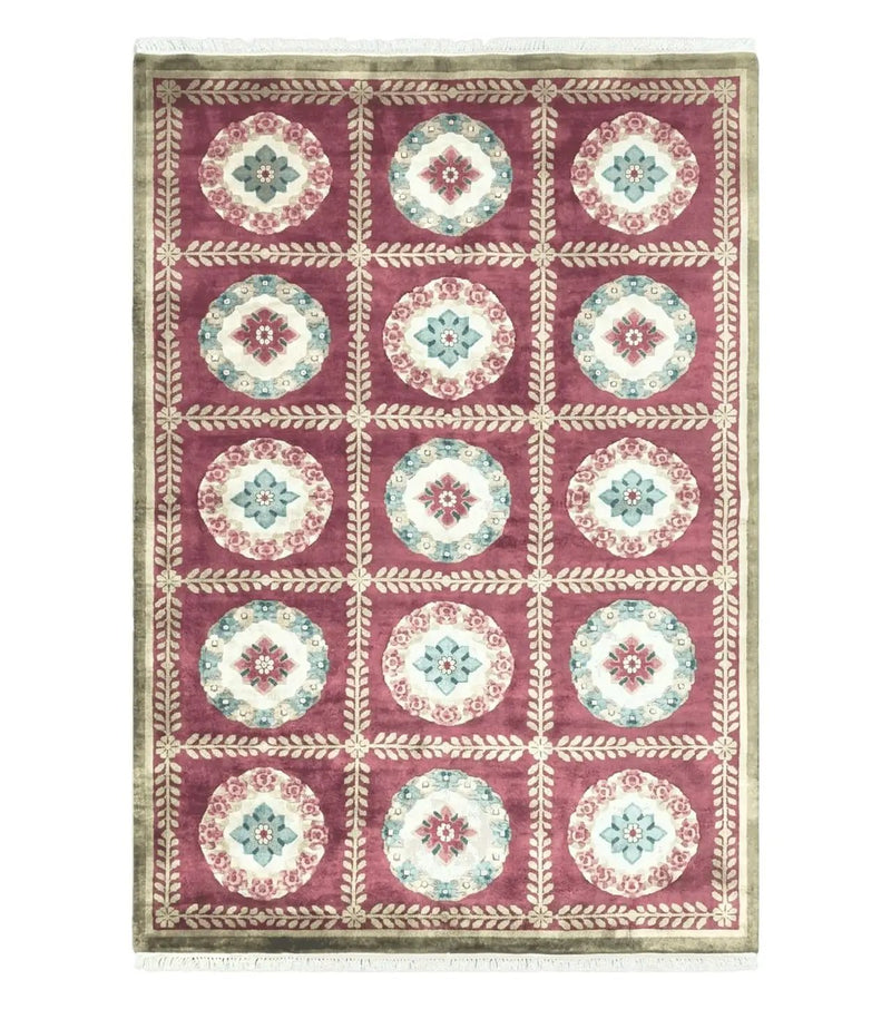 Nepalese Aubusson Panel Rug 6x9, Red & Ivory Soft Plush Tibetan Pile Rug, Wool Hand-Knotted Carpet, 6 x 9 Elegant Area Rug, Office Room Rug by Jewel Rugs