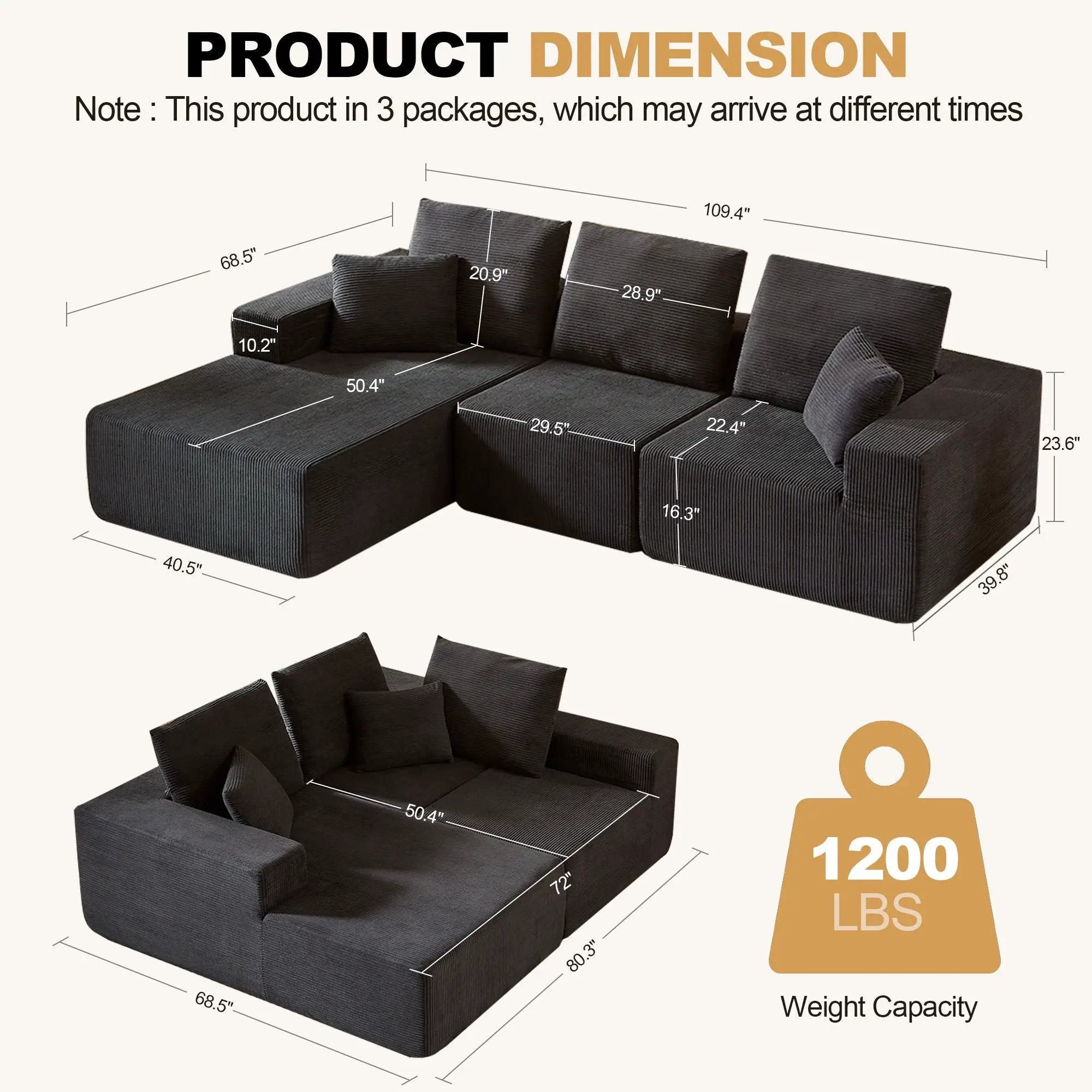 Modular Sectional Sofa With Chaise, L Shaped Cloud Couch With Deep Seat, Sectional Couches For Living Room - Black by Unique Piece Furniture