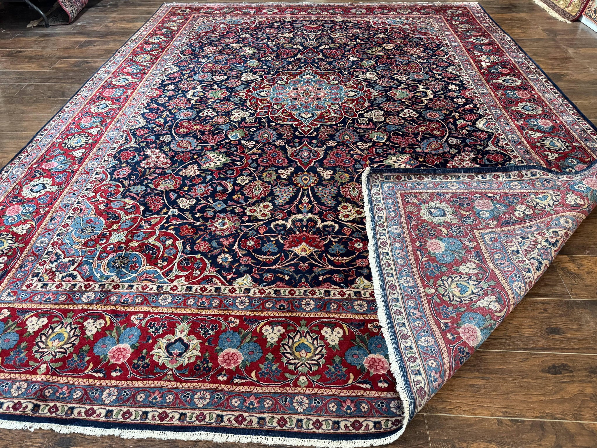 Navy Blue Persian Rug 9x12, Antique Persian Carpet, Kork Wool, 200 KPSI, Persian Kashan Rug by Jewel Rugs