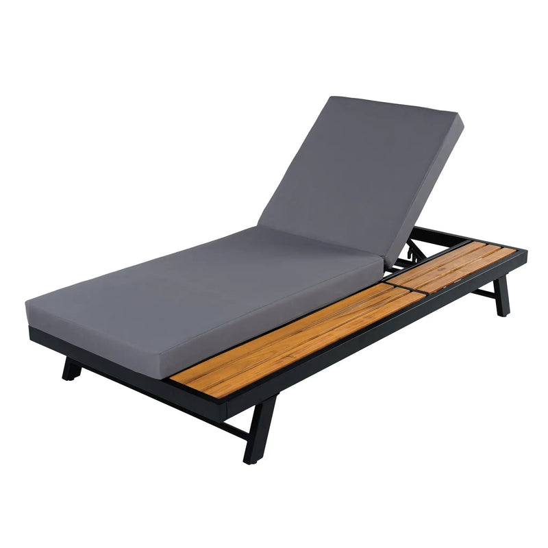 Black Iron + Teak Finish Chaise Lounge Set with Dark Grey Cushion by HouseOfZazla