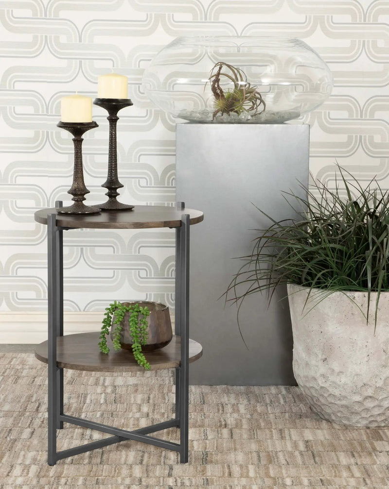 Axel Round Accent Table with Open Shelf Natural and Gunmetal by Unique Piece Furniture