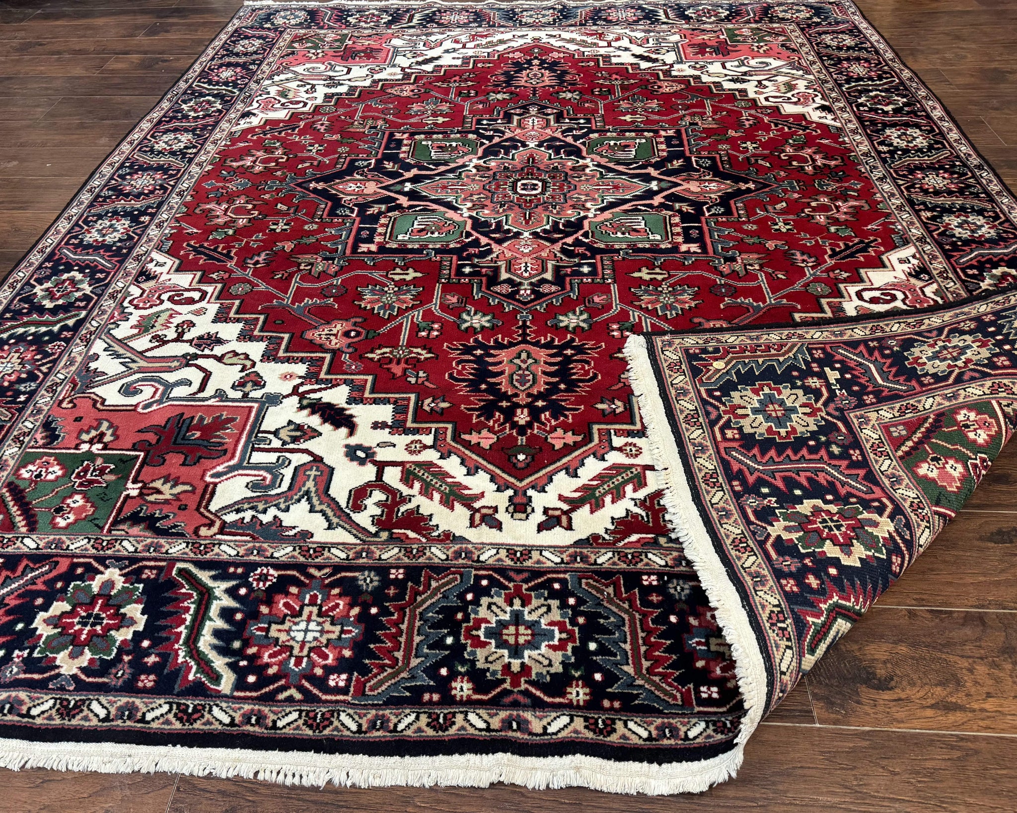 Indo Persian Heriz Rug 8x10, Geometric Medallion, Brick Red Ivory Navy Blue, Room Sized Heriz Carpet, Wool Rug by Jewel Rugs
