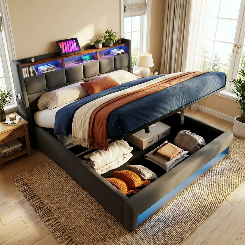 Platform Bed With Hydraulic Storage, LED Lighting & Charging Station by HouseOfZazla
