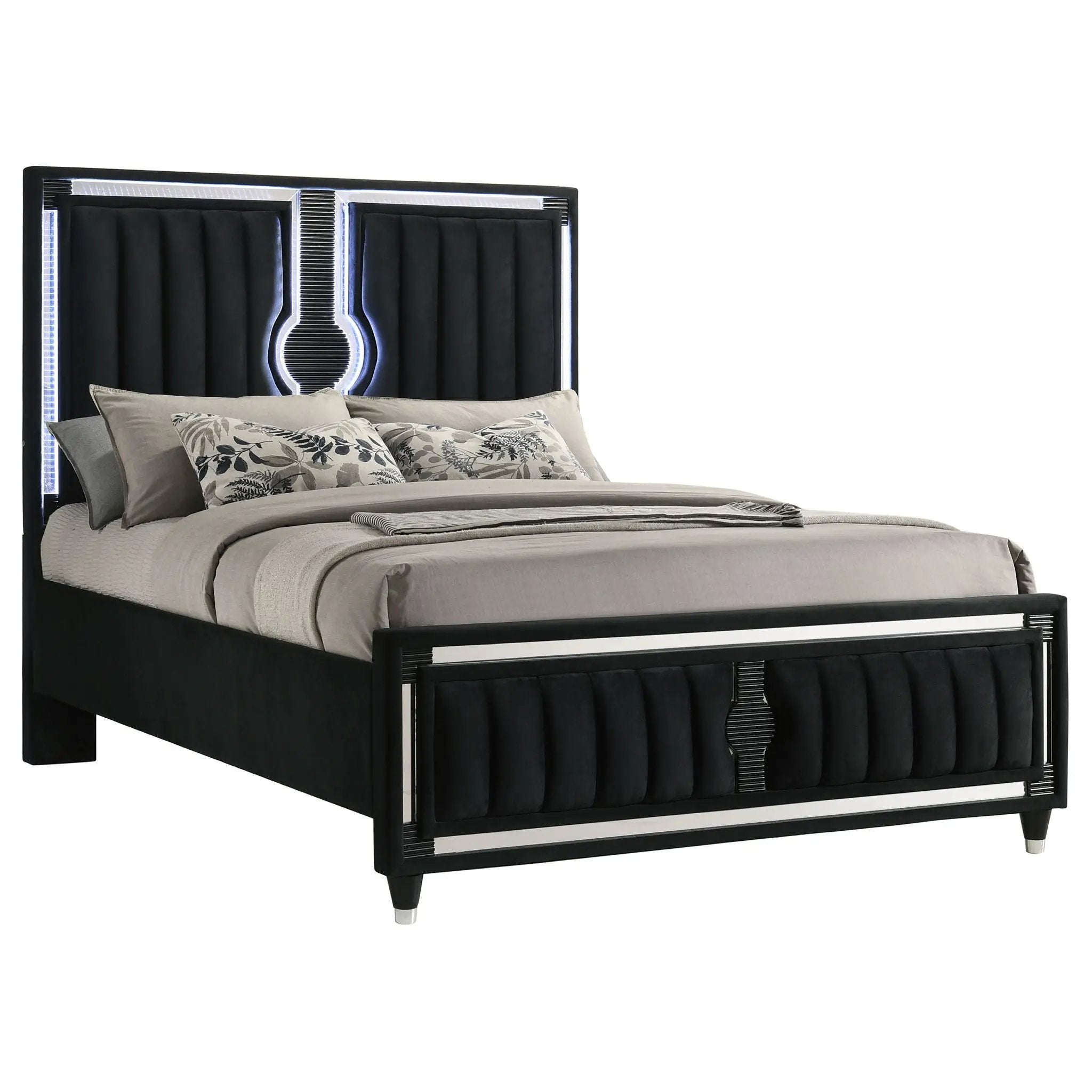 Ravenne Velvet Upholstered Queen LED Panel Bed Black by Unique Piece Furniture