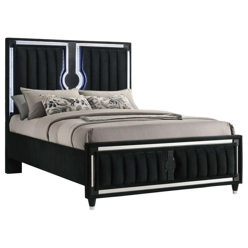 Ravenne Velvet Upholstered Queen LED Panel Bed Black by Unique Piece Furniture