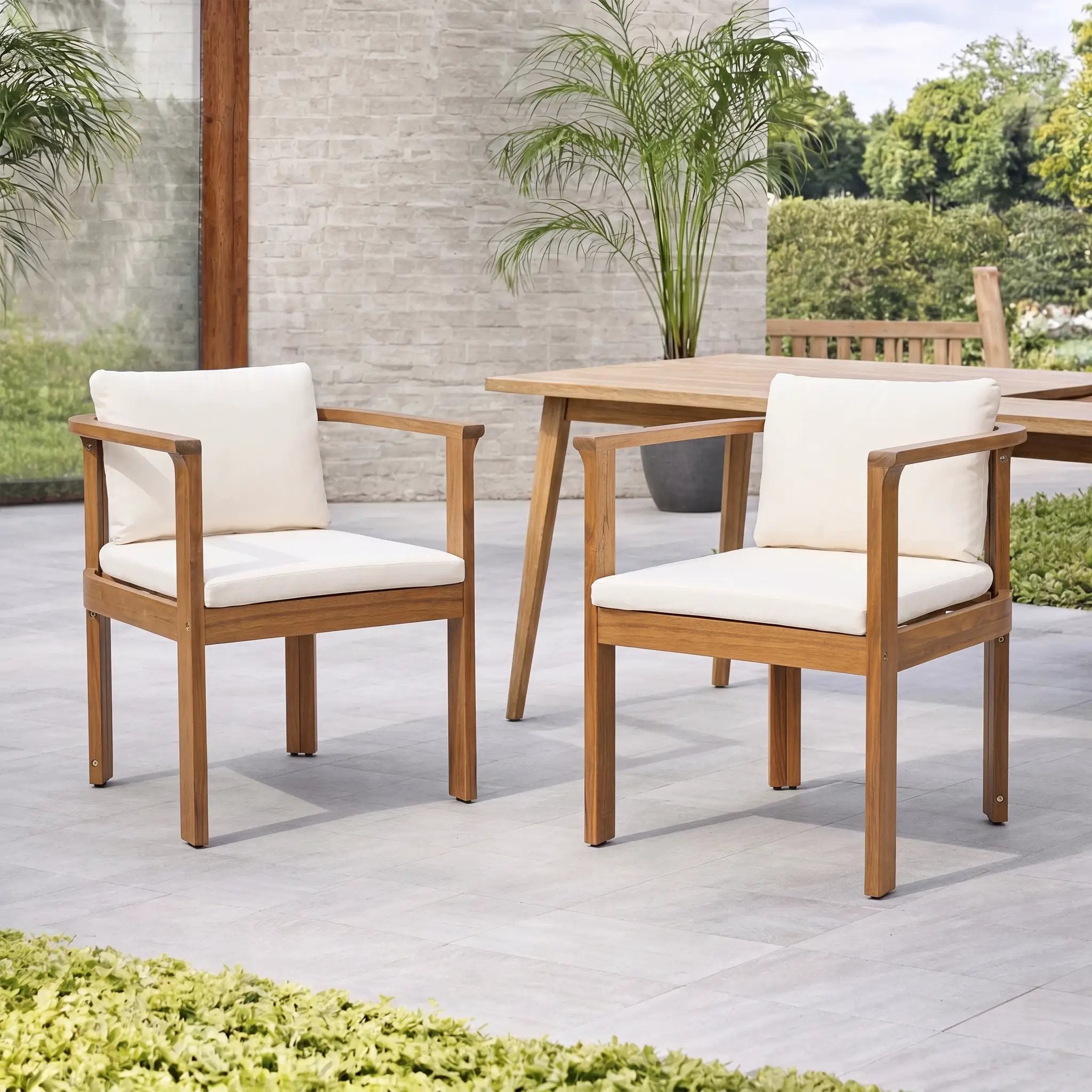 Outdoor Dining Chair Set of 2 with Curved Acacia Wood Arms by HouseOfZazla