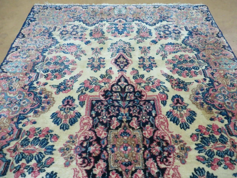 Antique Persian Kirman Rug 3.9 x 6.6, Floral Oriental Carpet, Ivory/Cream - Blue - Pink, Hand Knotted Wool Rug, Floral Medallion Rug 4x6 by Jewel Rugs