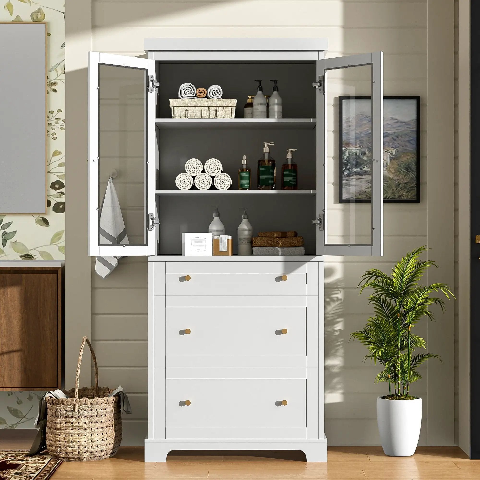Freestanding Tall Bathroom Cabinet With Adjustable Shelves, Drawers, Soft Close Glass Doors by HouseOfZazla