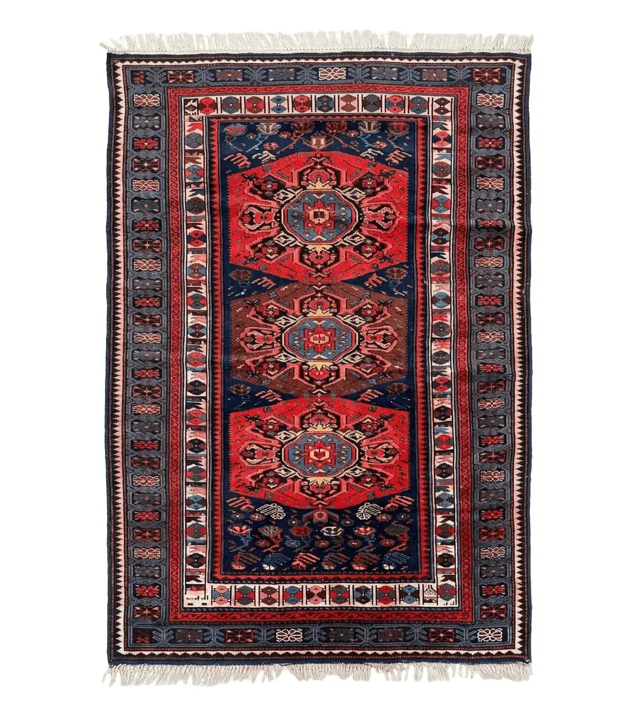 Antique Caucasian Seychour Rug 3.7 x 5.5, Collectible Oriental Carpet, Navy Blue and Red, Fine Kuba Rug, Vintage Rug, Wool Hand Knotted Rug by Jewel Rugs