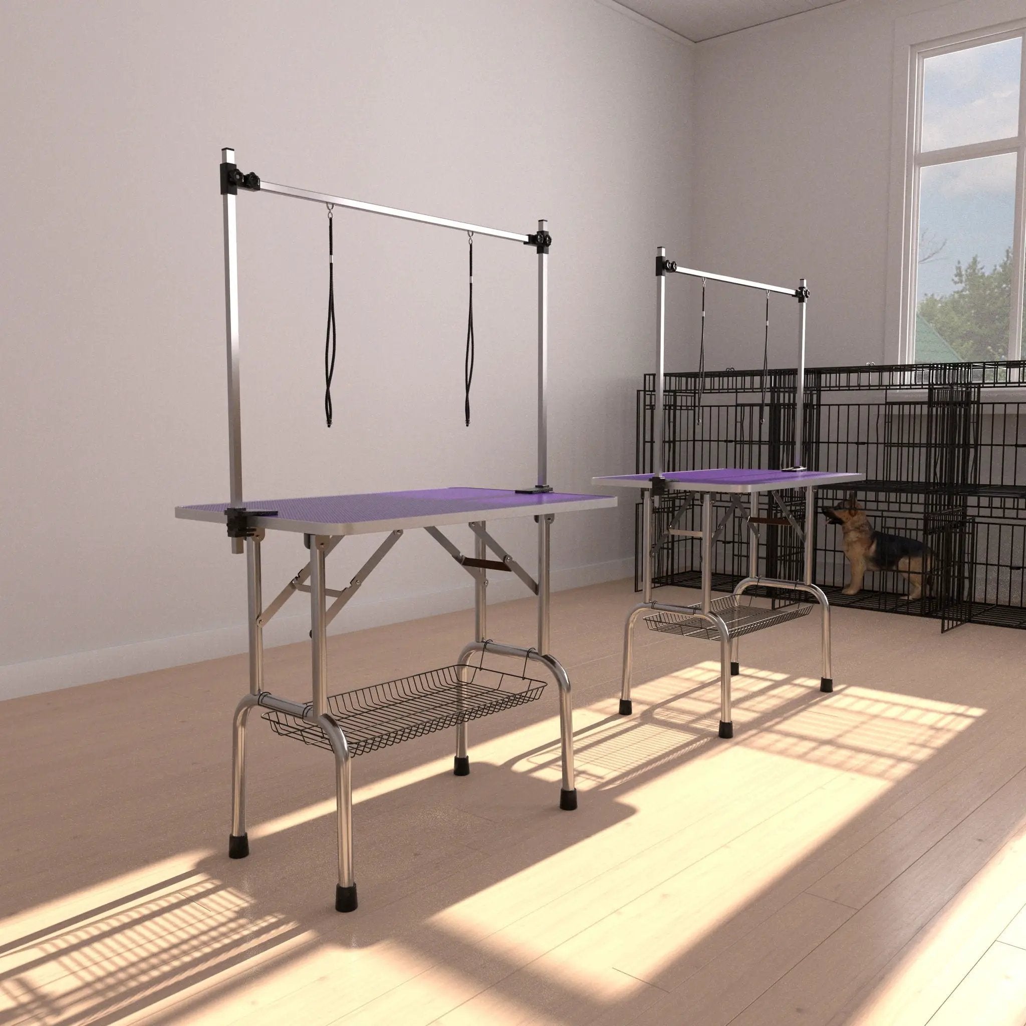 Folding Dog Pet Grooming Table Stainless Steel Frame Rubber Mat On Board With Adjustable Arm And Clamps Pet Dog Cat Grooming Table by HouseOfZazla