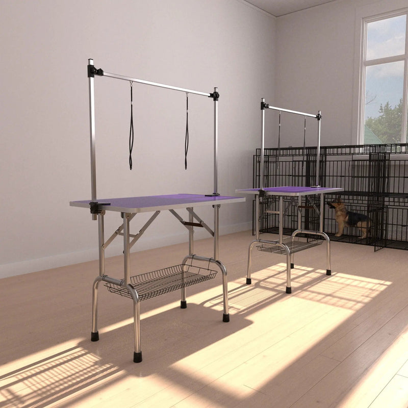 Folding Dog Pet Grooming Table Stainless Steel Frame Rubber Mat On Board With Adjustable Arm And Clamps Pet Dog Cat Grooming Table by HouseOfZazla