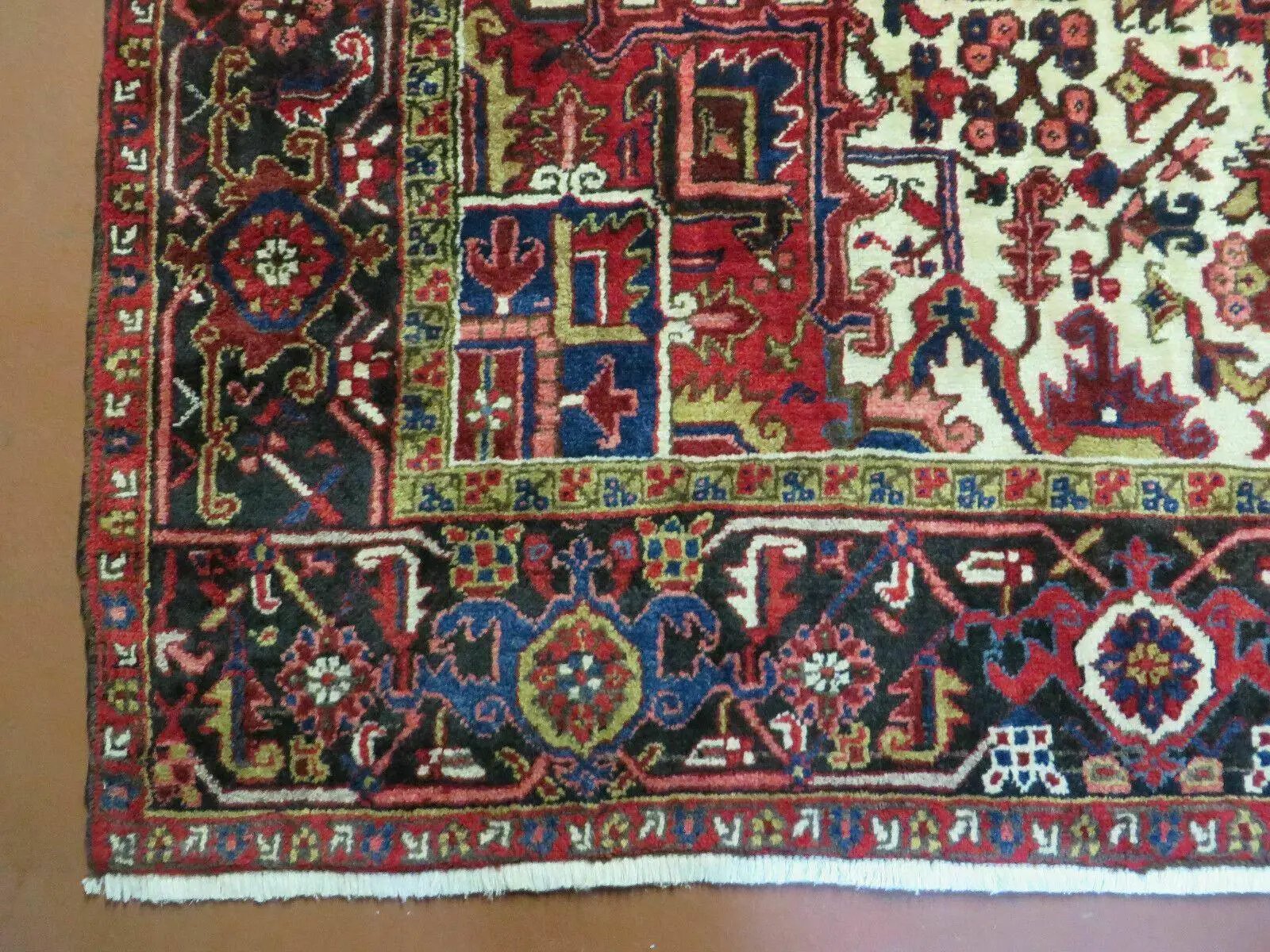 Wonderful Persian Heriz Rug 8.6 x 11, Geometric Heriz Carpet, Semi Antique Decorative Area Rug, Red Ivory Dark Blue Handmade Wool Room Sized by Jewel Rugs