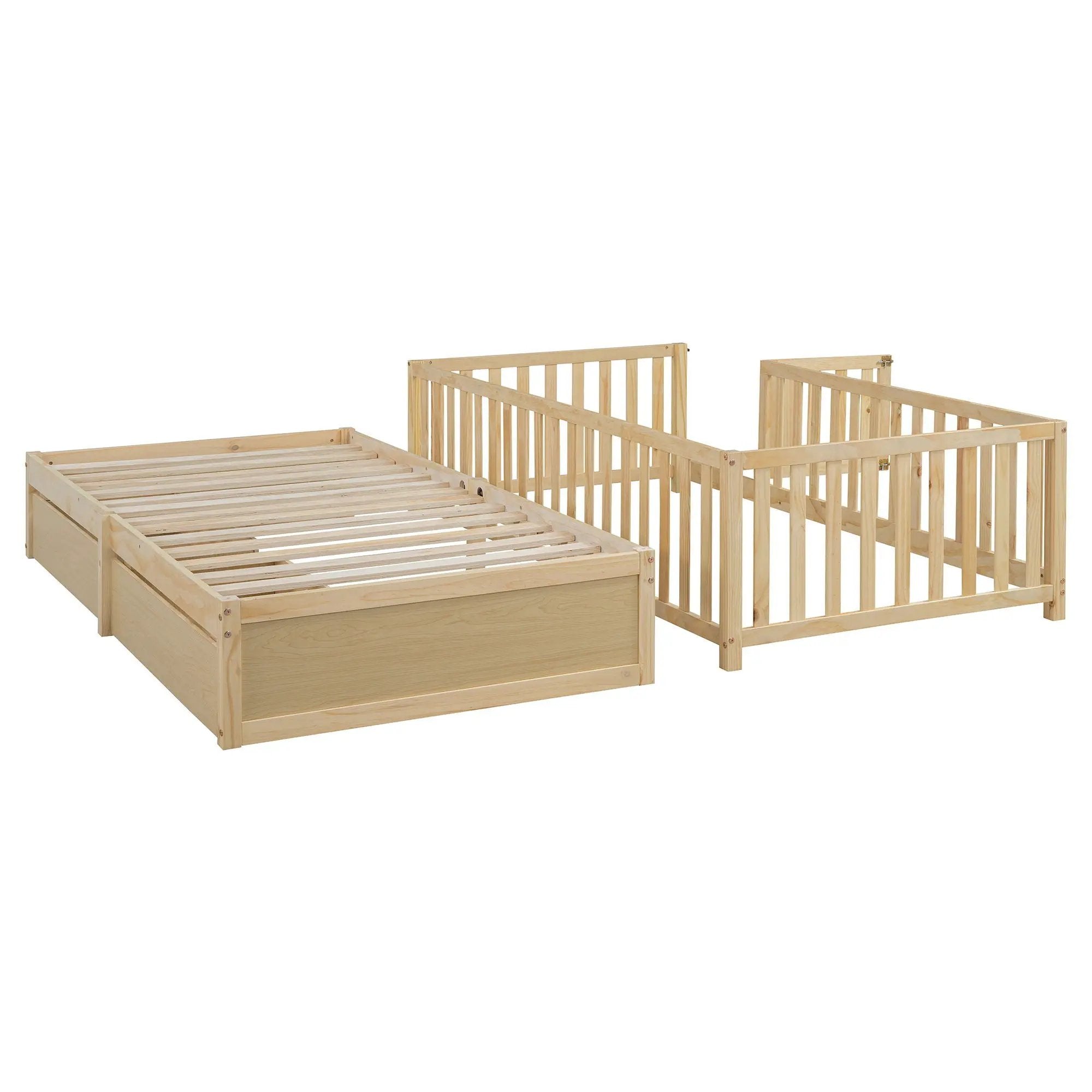 Daybed With Fence Guardrails And 2 Drawers, Split Into Independent Floor Bed & Daybed by HouseOfZazla