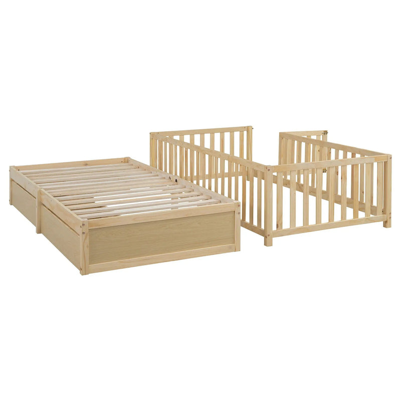 Daybed With Fence Guardrails And 2 Drawers, Split Into Independent Floor Bed & Daybed by HouseOfZazla