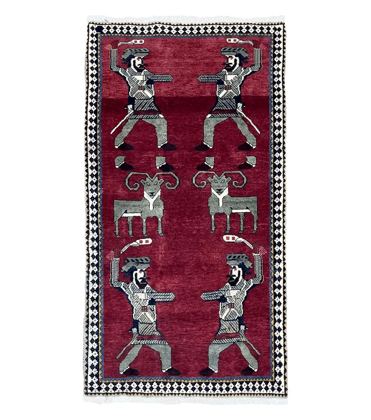 3 X 6 Handmade Wool Rug Tribal Balouch Warriors Deer Animal Pictorial Red Swords by Jewel Rugs