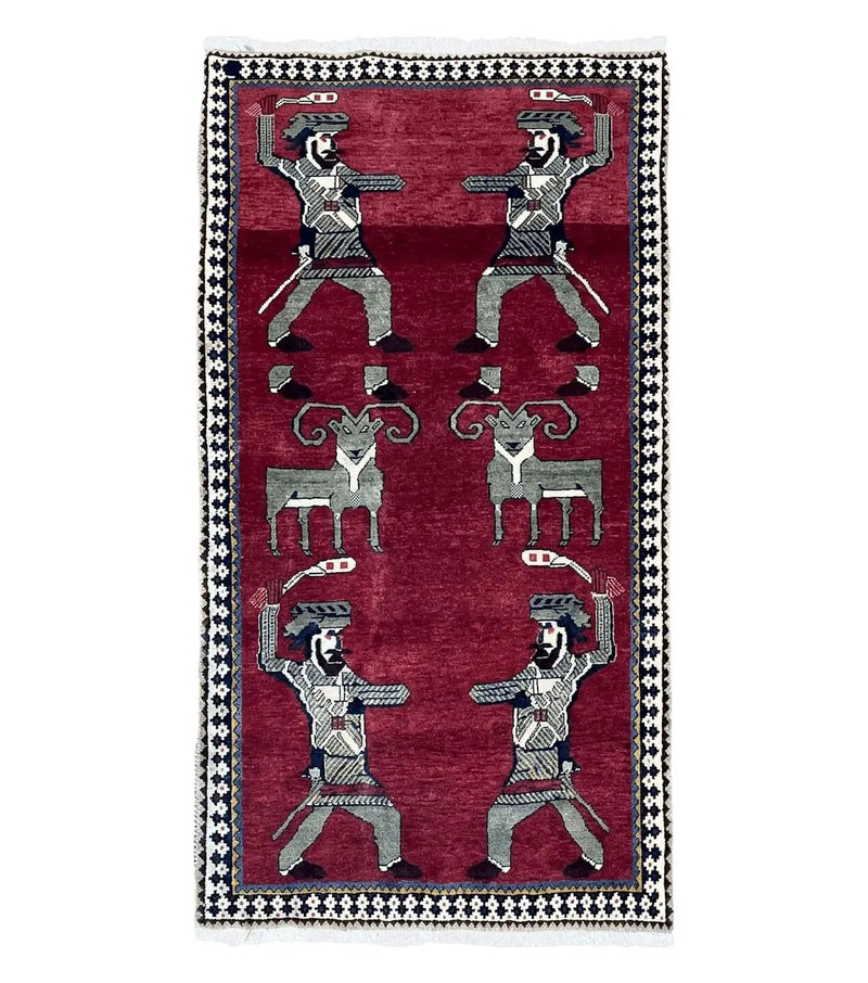 3 X 6 Handmade Wool Rug Tribal Balouch Warriors Deer Animal Pictorial Red Swords by Jewel Rugs