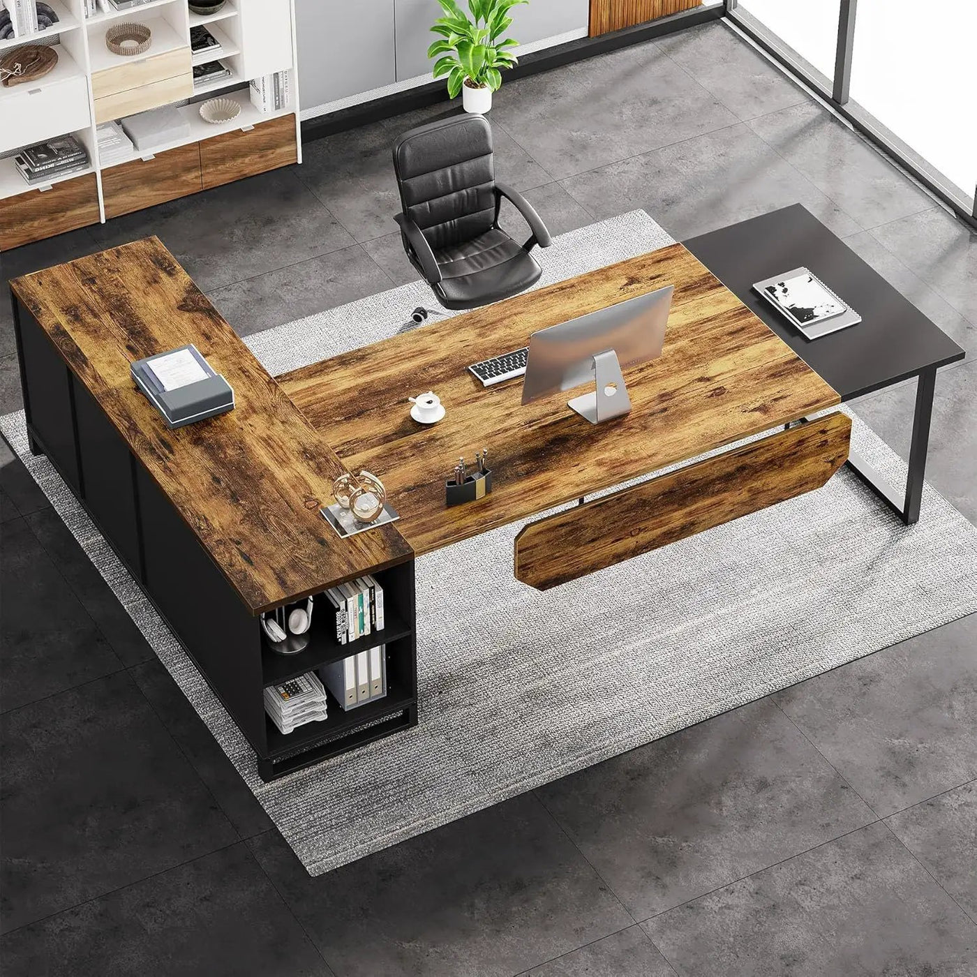 L-Shaped Executive Desk With File Cabinet, Computer Workstation With Storage by HouseOfZazla