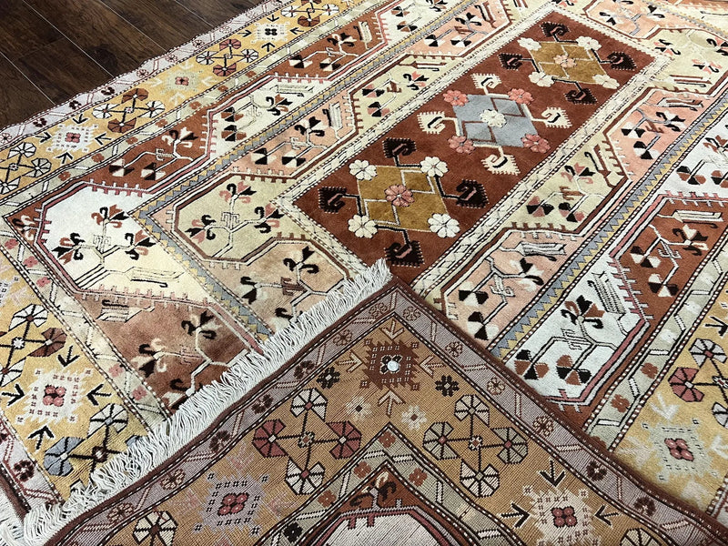 Turkish Rug 7x10, Wool Hand Knotted Vintage Carpet, Geometric Kazak Pattern by Jewel Rugs
