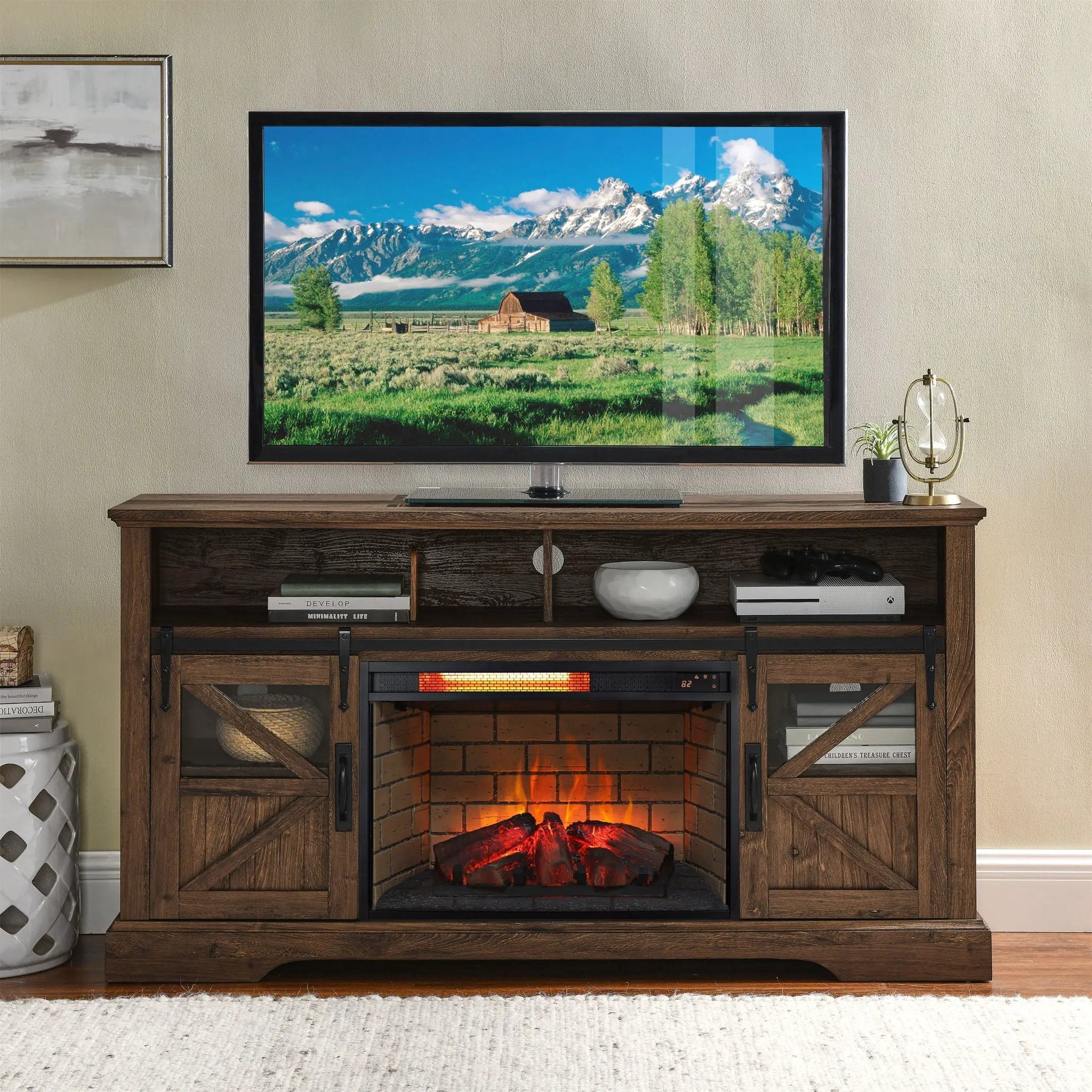Infrared Quartz Heater Fireplace Insert -Woodlog Version With Brick by Unique Piece Furniture