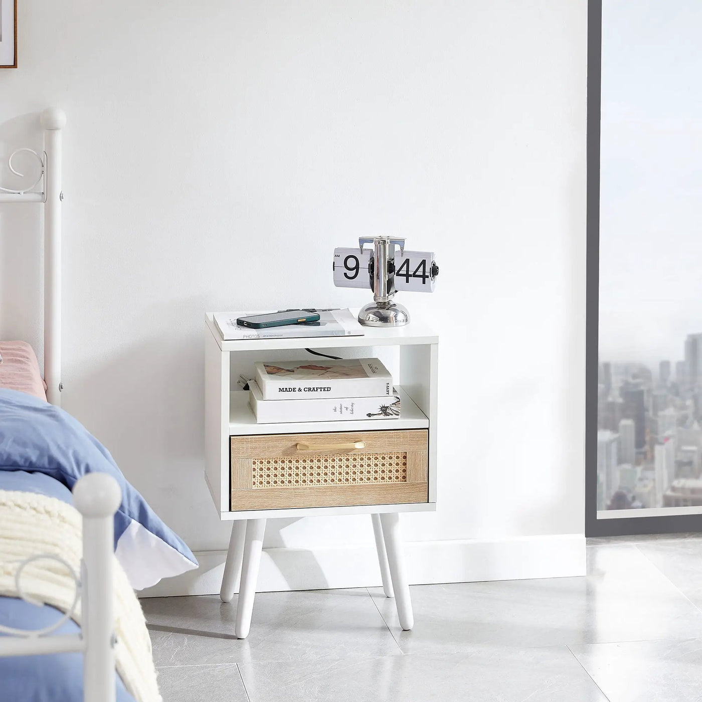 15.75" Rattan End Table With Power Outlet & USB Ports, Modern Nightstand With Drawer And Solid Wood Legs, Side Table For Living Room, Bedroom by HouseOfZazla