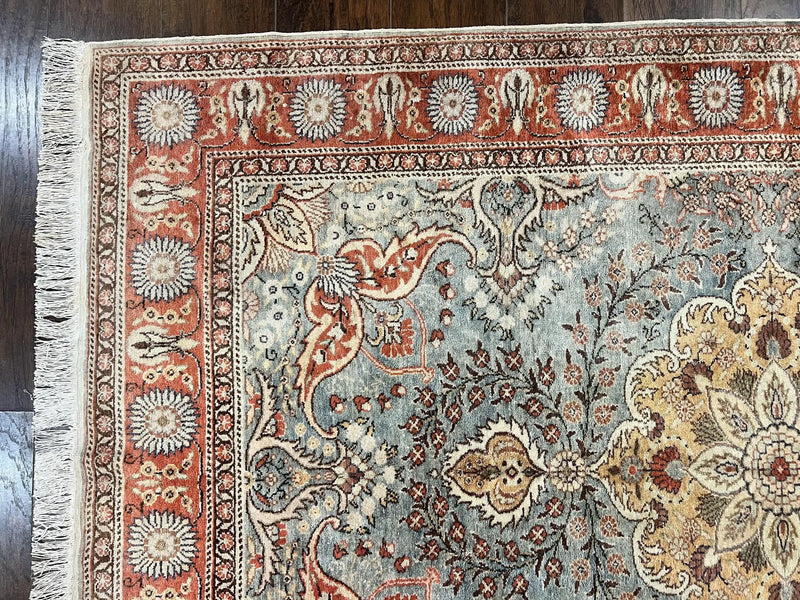 Silk Turkish Rug 5x7, Light Blue Silk Carpet, Floral Medallion, Turkish Kayseri Rug, Vintage Handmade Oriental Rug by Jewel Rugs