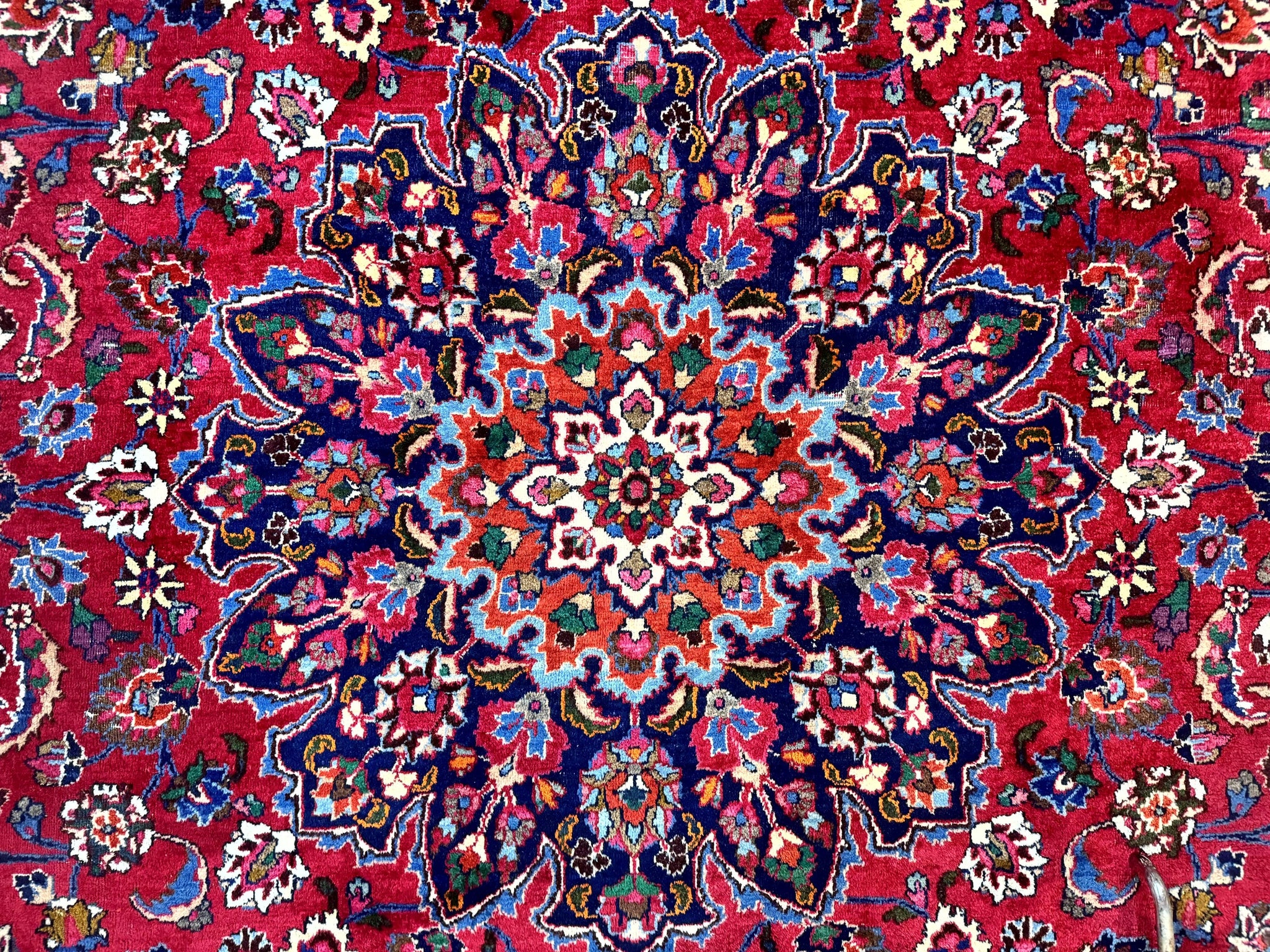 Antique Persian Mashad Rug 10x13, Red and Navy Blue, Great Colors, Signed By Masterweaver, Floral Medallion, Handmade Wool Persian Carpet by Jewel Rugs