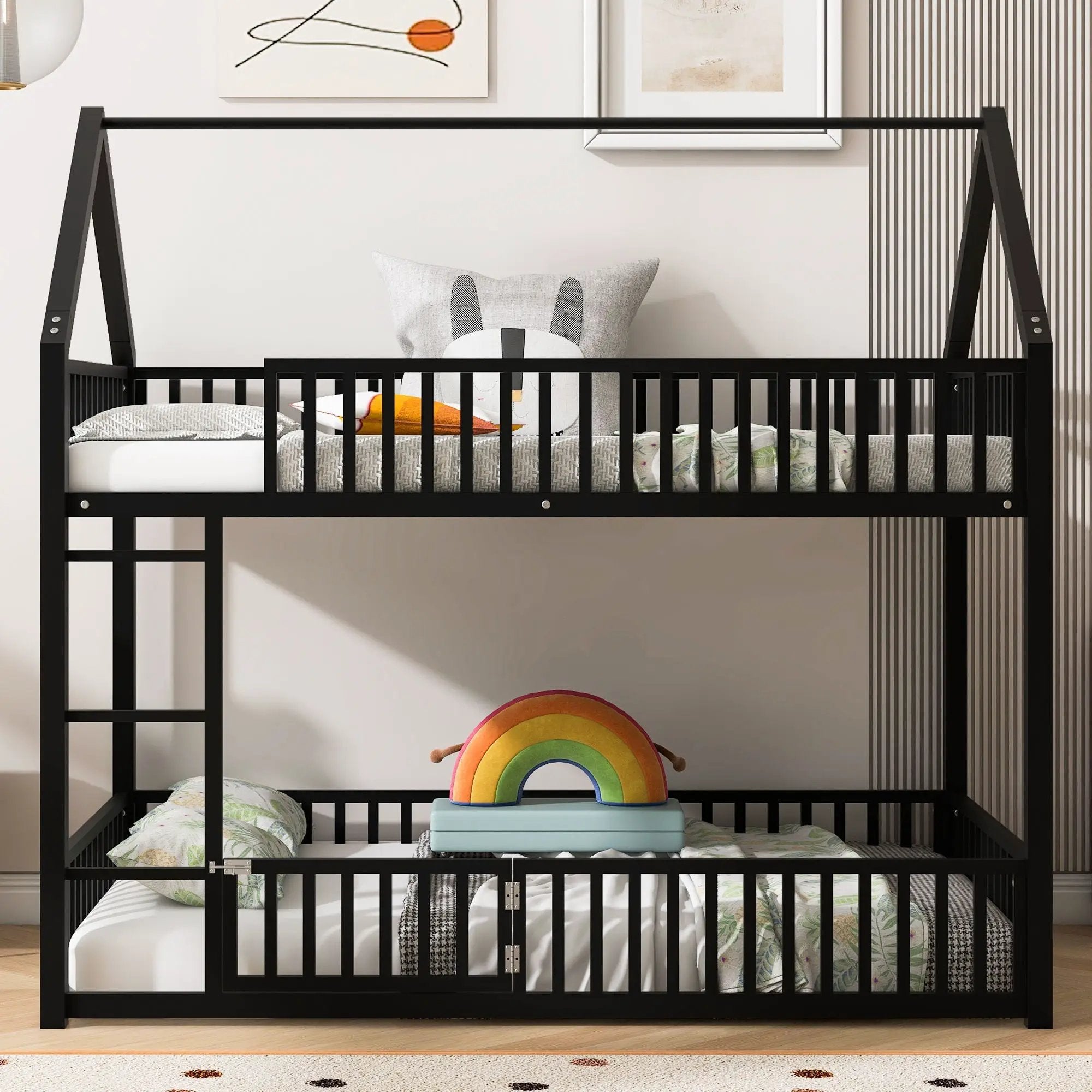 Metal House Bunk Bed With Fence And Door by Unique Piece Furniture