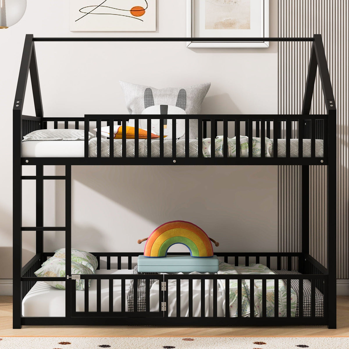Metal House Bunk Bed with Fence and Door - Twin over Twin, photo 11 of 20