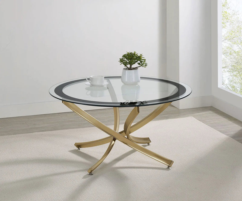 Brooke Round Glass Top Coffee Table Metal Base Brass by Unique Piece Furniture