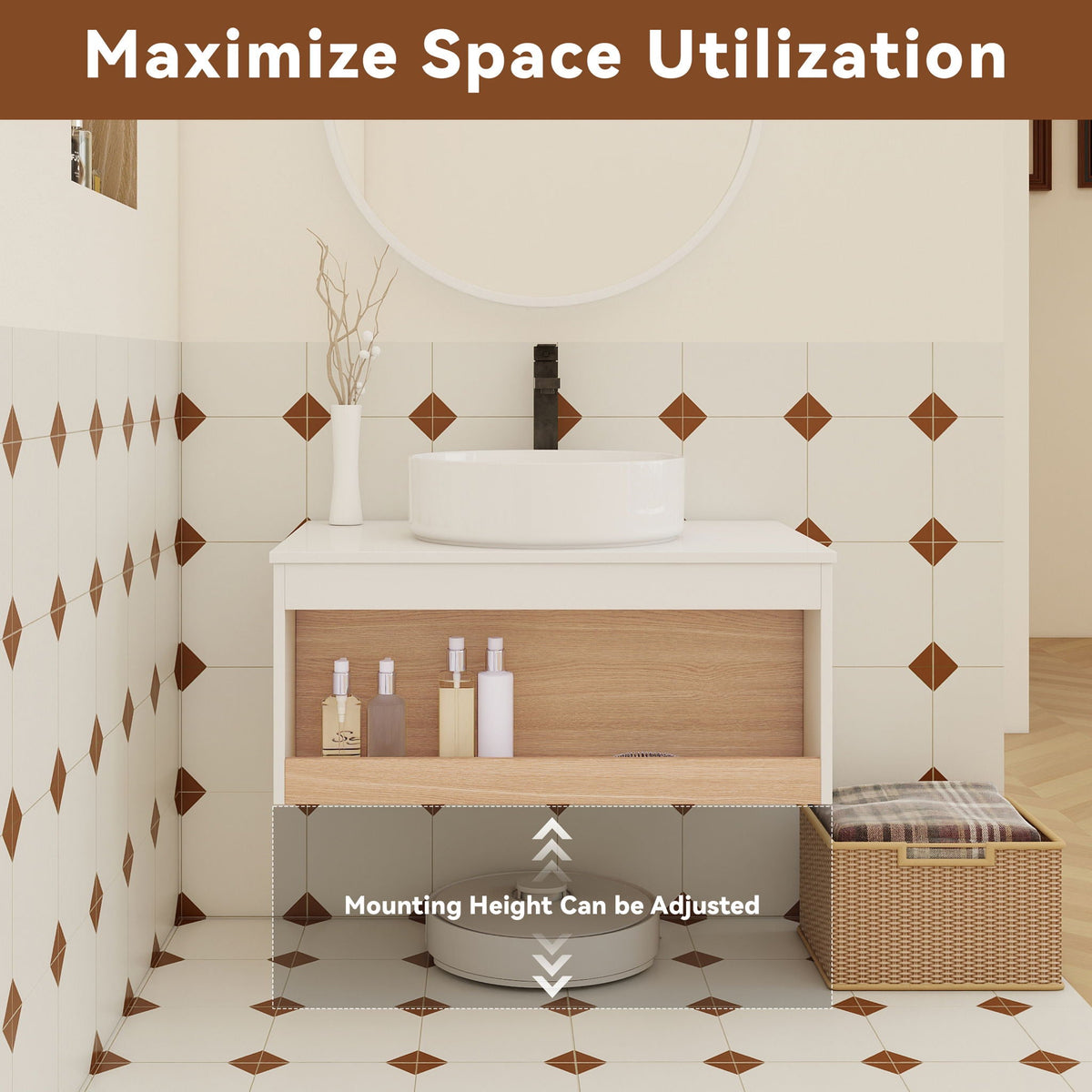 Floating Bathroom Vanity With Glossy Round Vessel Sink, photo 33 of 40