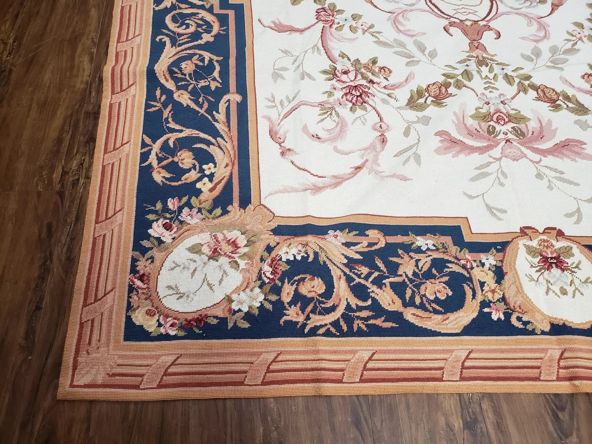Chinese Aubusson Savonnerie Area Rug 6x8, Vintage Hand-Woven Needlepoint Rug, Flat Weave Handmade Wool Carpet Living Room Ivory & Navy Blue by Jewel Rugs